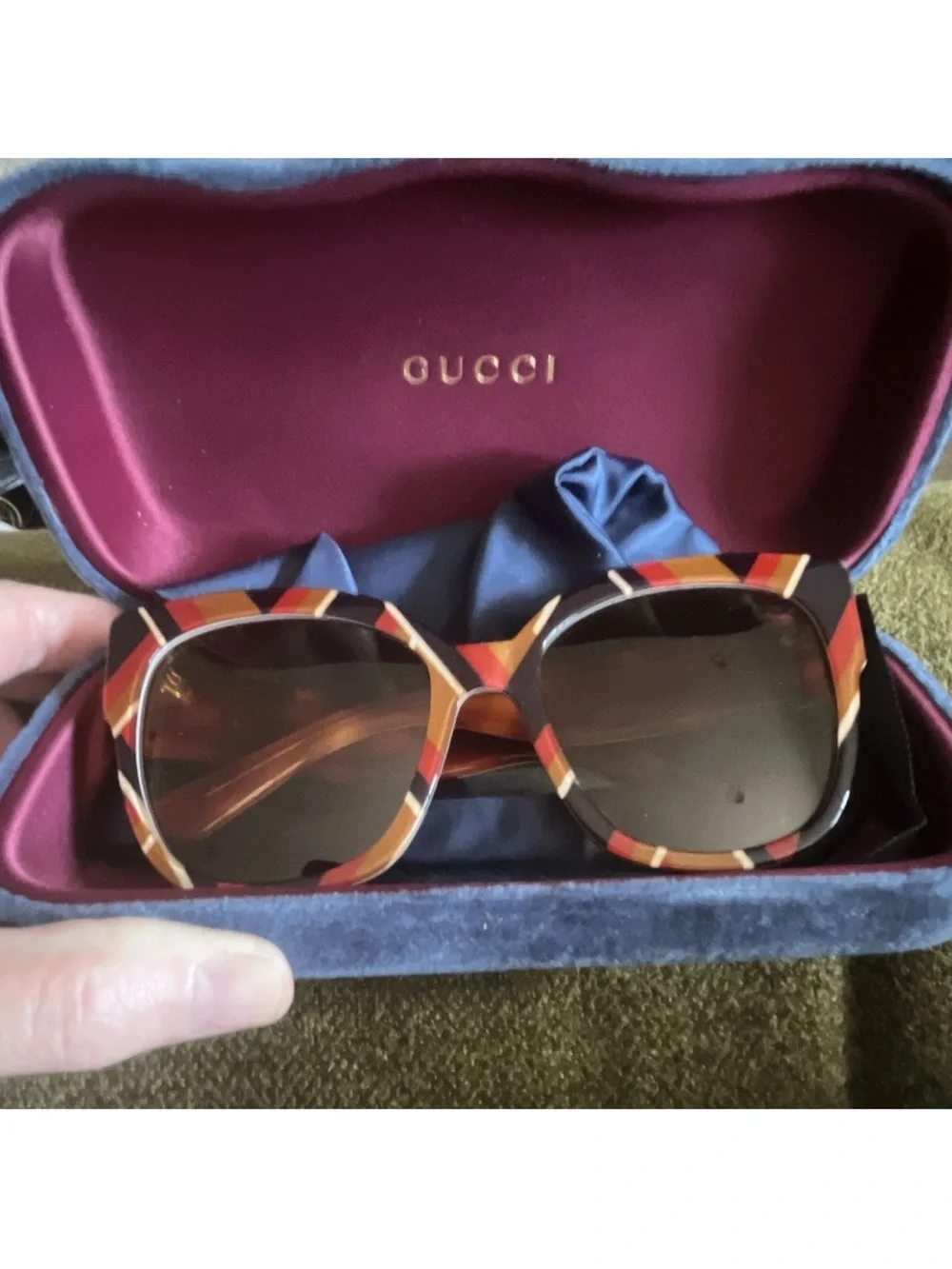 Gucci Women’s Red Orange Brown Striped Oversized Sunglasses
